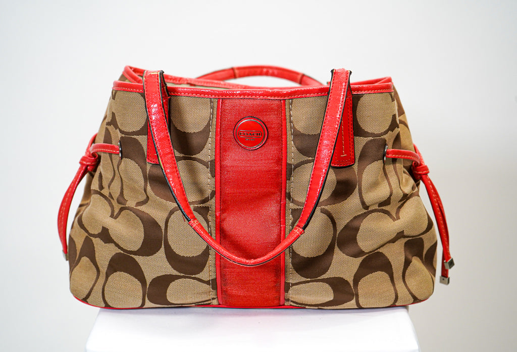 Coach Signature Tote with Red Leather Trim