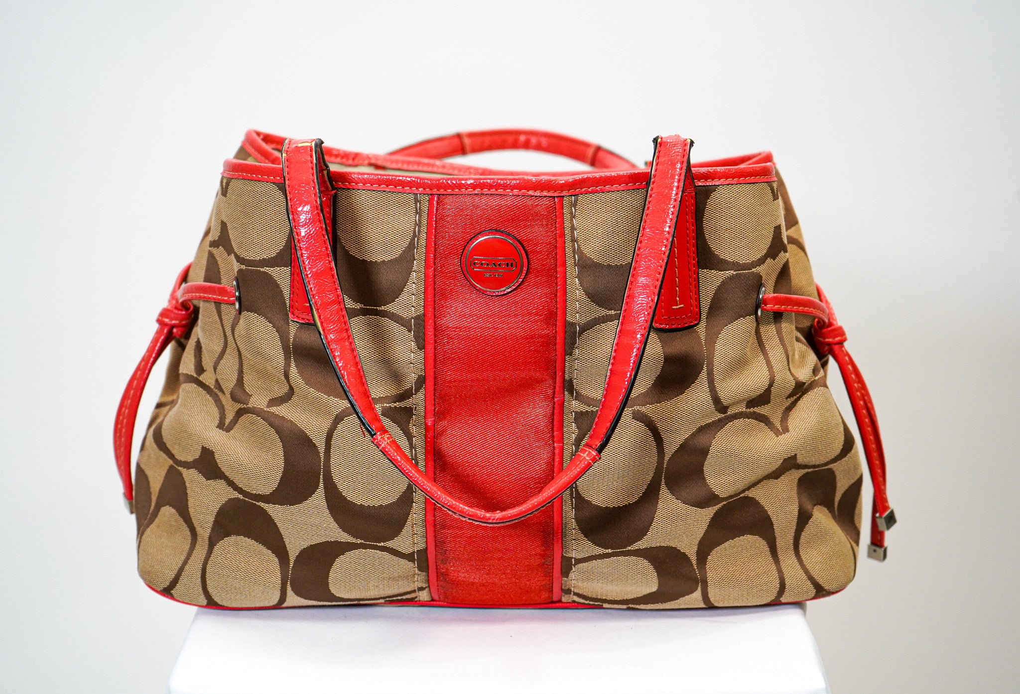 Coach Signature Tote with Red Leather Trim