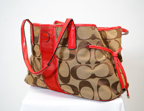 Coach Signature Tote with Red Leather Trim