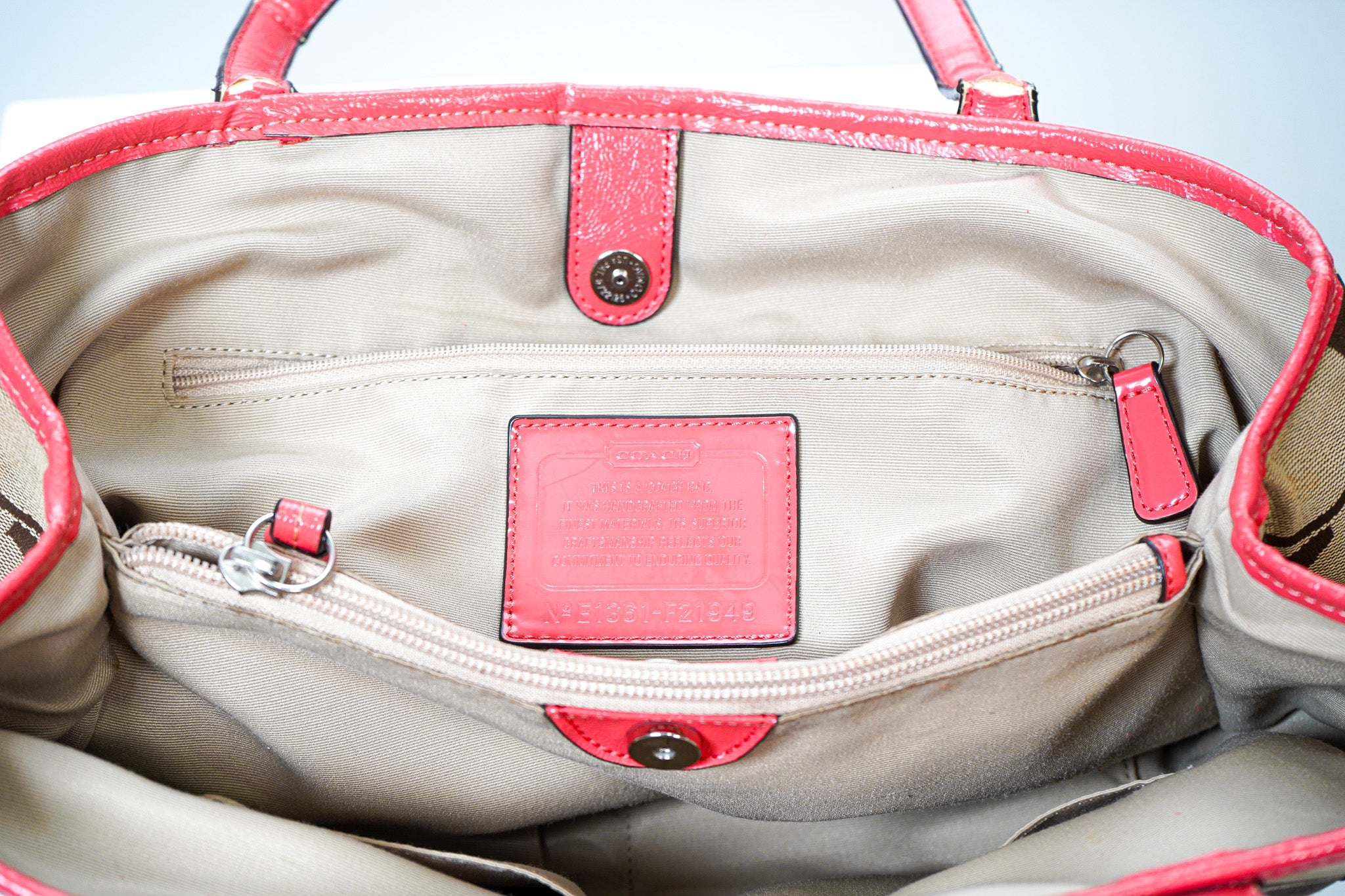 Coach Signature Tote with Red Leather Trim
